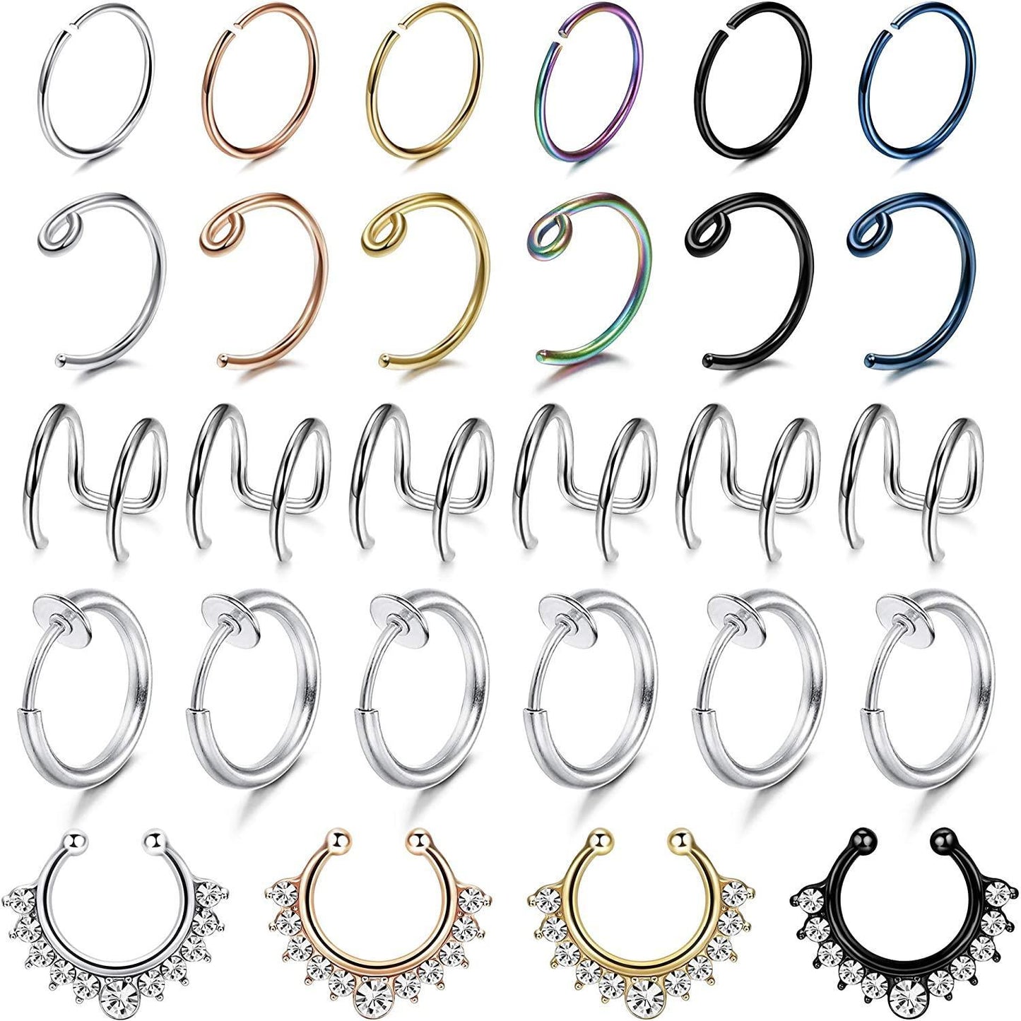 28Pcs 20G Stainless Steel Fake Septum Ring Nose Hoop Ring Faux Lip Ear Non-Pierced Clip On Piercing Jewelry