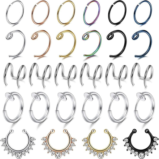 28Pcs 20G Stainless Steel Fake Septum Ring Nose Hoop Ring Faux Lip Ear Non-Pierced Clip On Piercing Jewelry