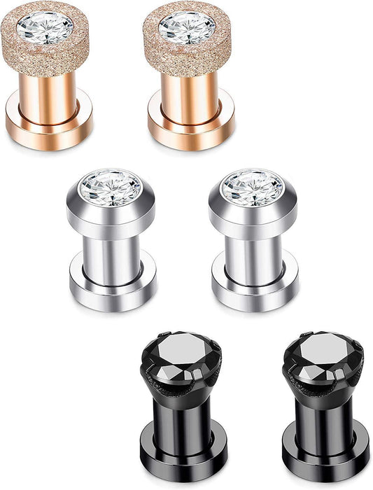 3 Pairs Stainless Steel Ear Gauges CZ Screw Tunnels Ear Stretcher plugs and tunnels Expander Body Piercing