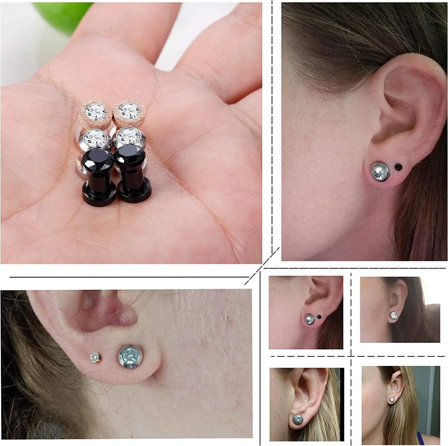 3 Pairs Stainless Steel Ear Gauges CZ Screw Tunnels Ear Stretcher plugs and tunnels Expander Body Piercing