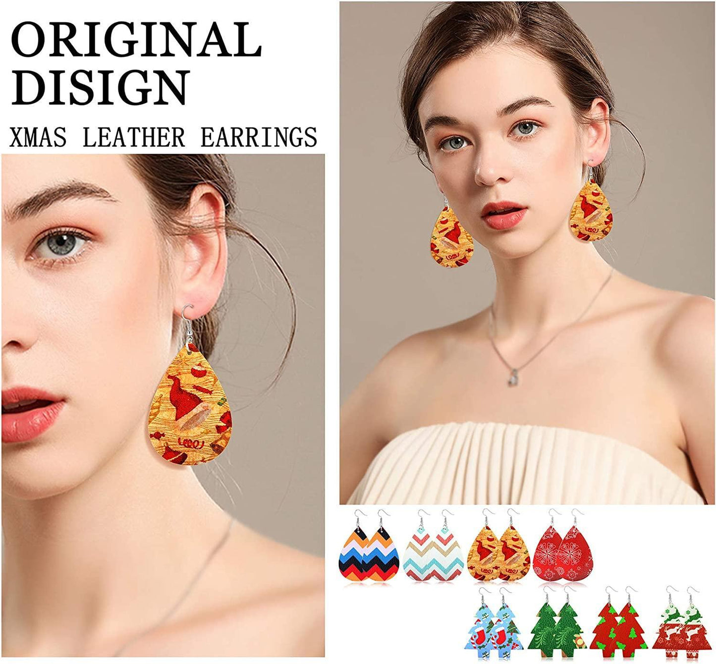 16 Pairs Christmas Faux Leather Earrings for Women Christmas Tree Teardrop Dangle Earrings Handmade Lightweight Petal Drop Earrings Xmas Holiday Jewelry