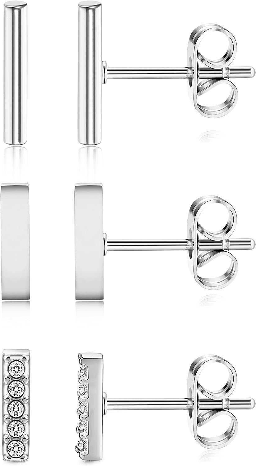 3 Pairs 20G Stainless Steel Mini Bar Earring Line Ear Studs Stick Stud Earrings For Women and Men