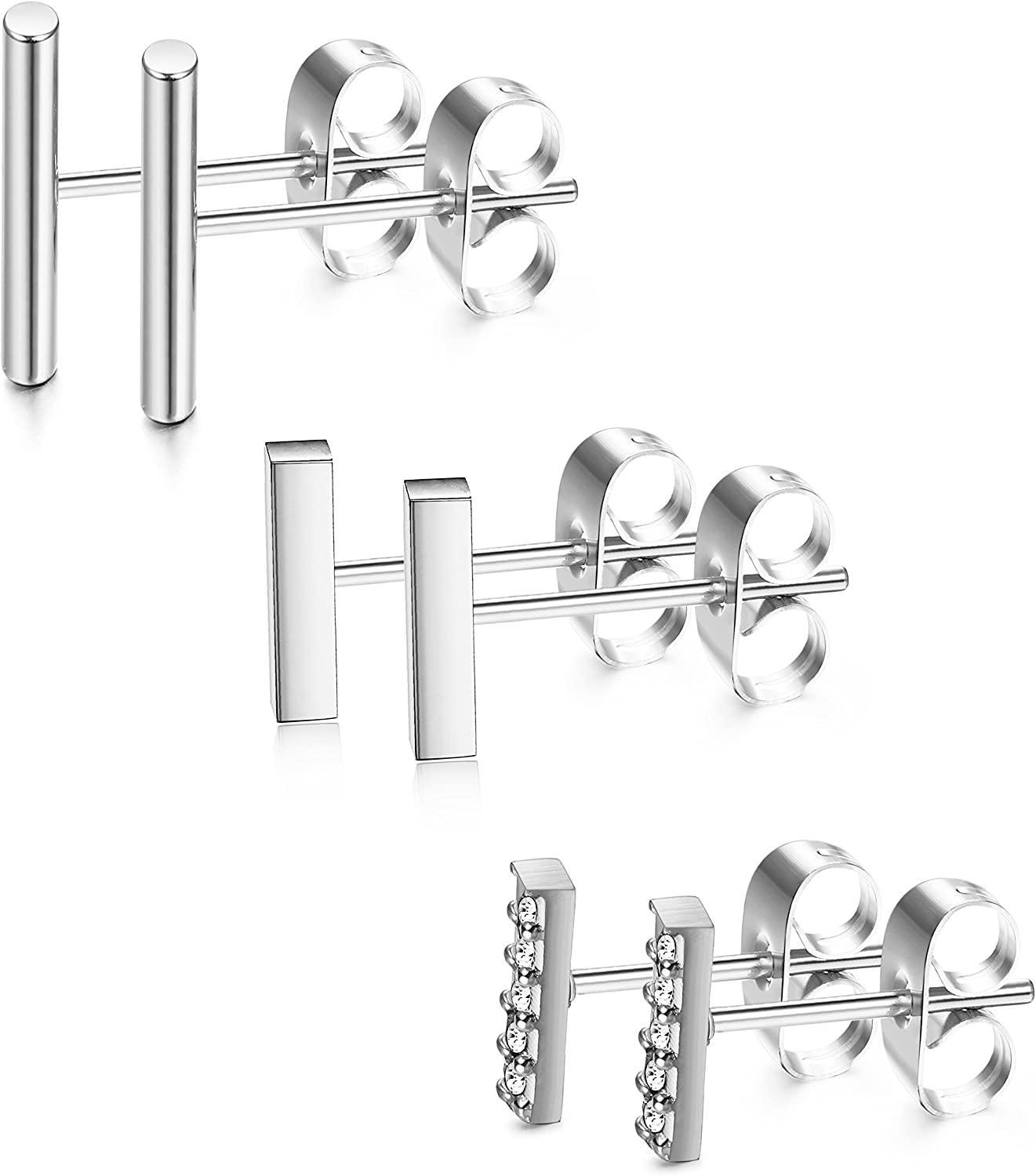 3 Pairs 20G Stainless Steel Mini Bar Earring Line Ear Studs Stick Stud Earrings For Women and Men