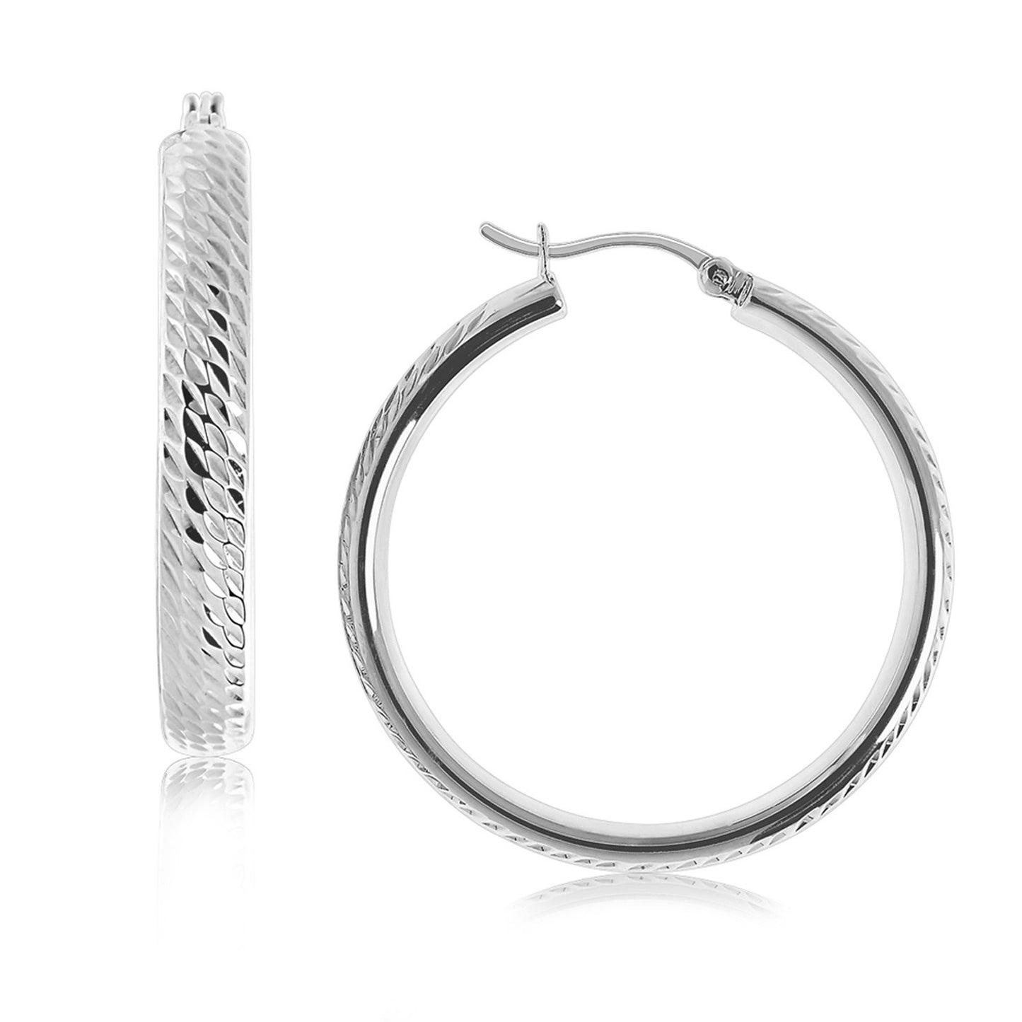 Sterling Silver Rhodium Plated Hoop Marquise Motif Diamond Cut Earrings (30mm)