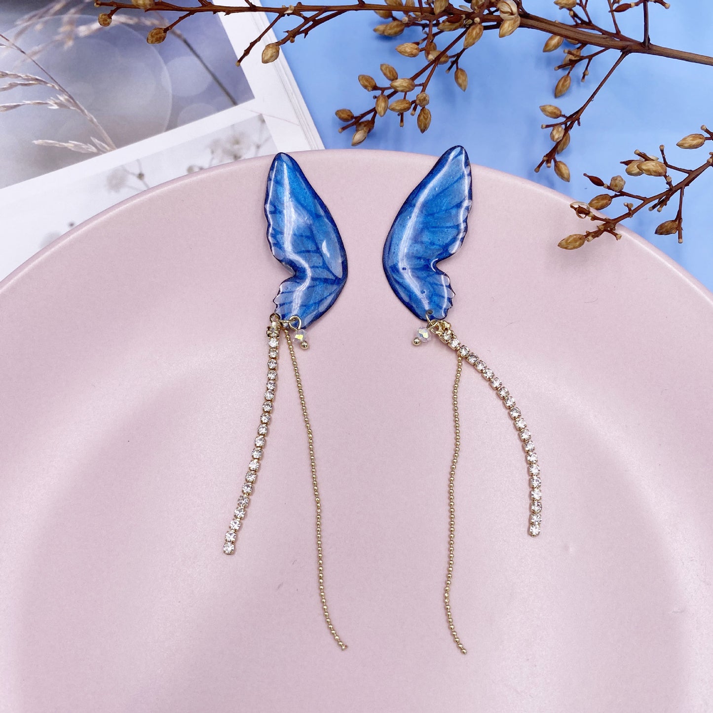 Women's three-dimensional butterfly full diamond tassel earrings