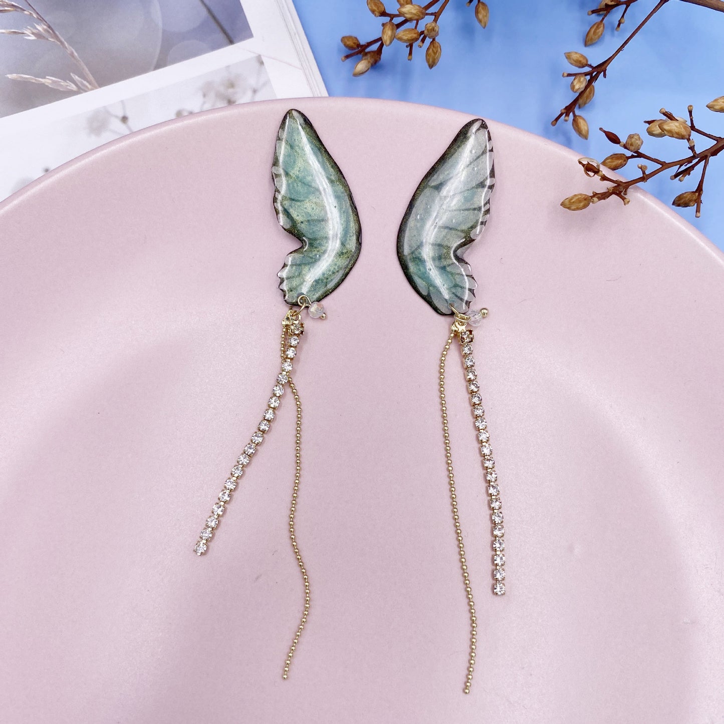 Women's three-dimensional butterfly full diamond tassel earrings