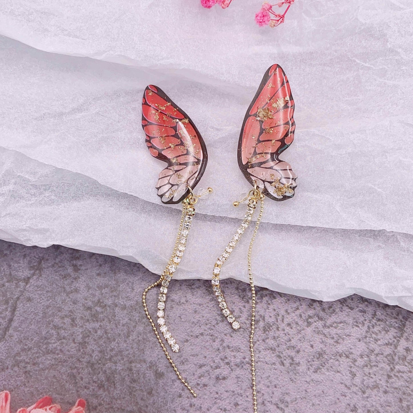 Women's three-dimensional butterfly full diamond tassel earrings