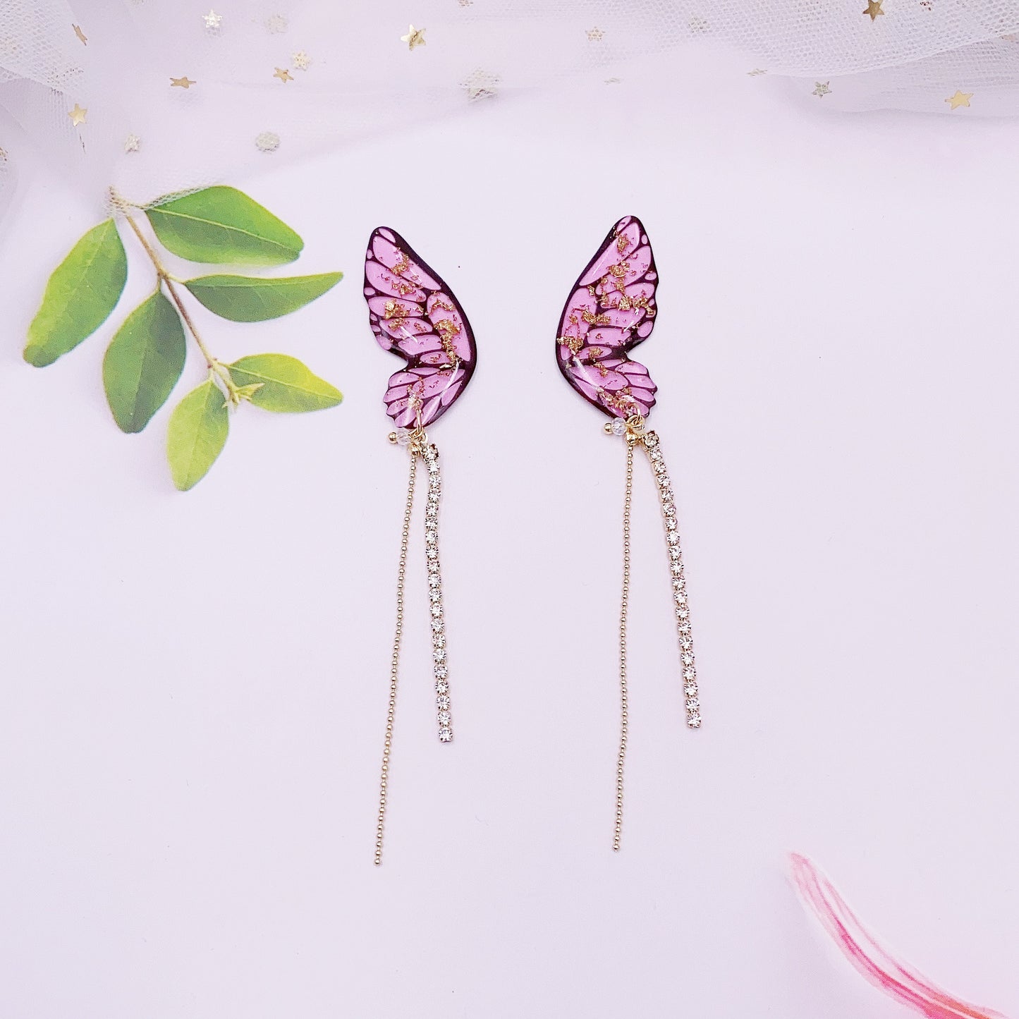 Women's three-dimensional butterfly full diamond tassel earrings