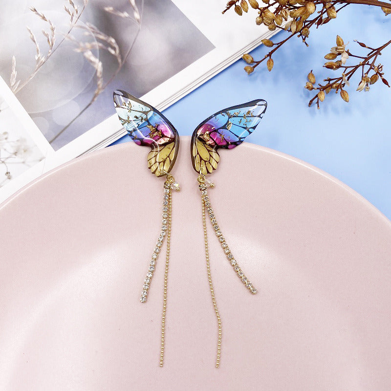 Women's three-dimensional butterfly full diamond tassel earrings