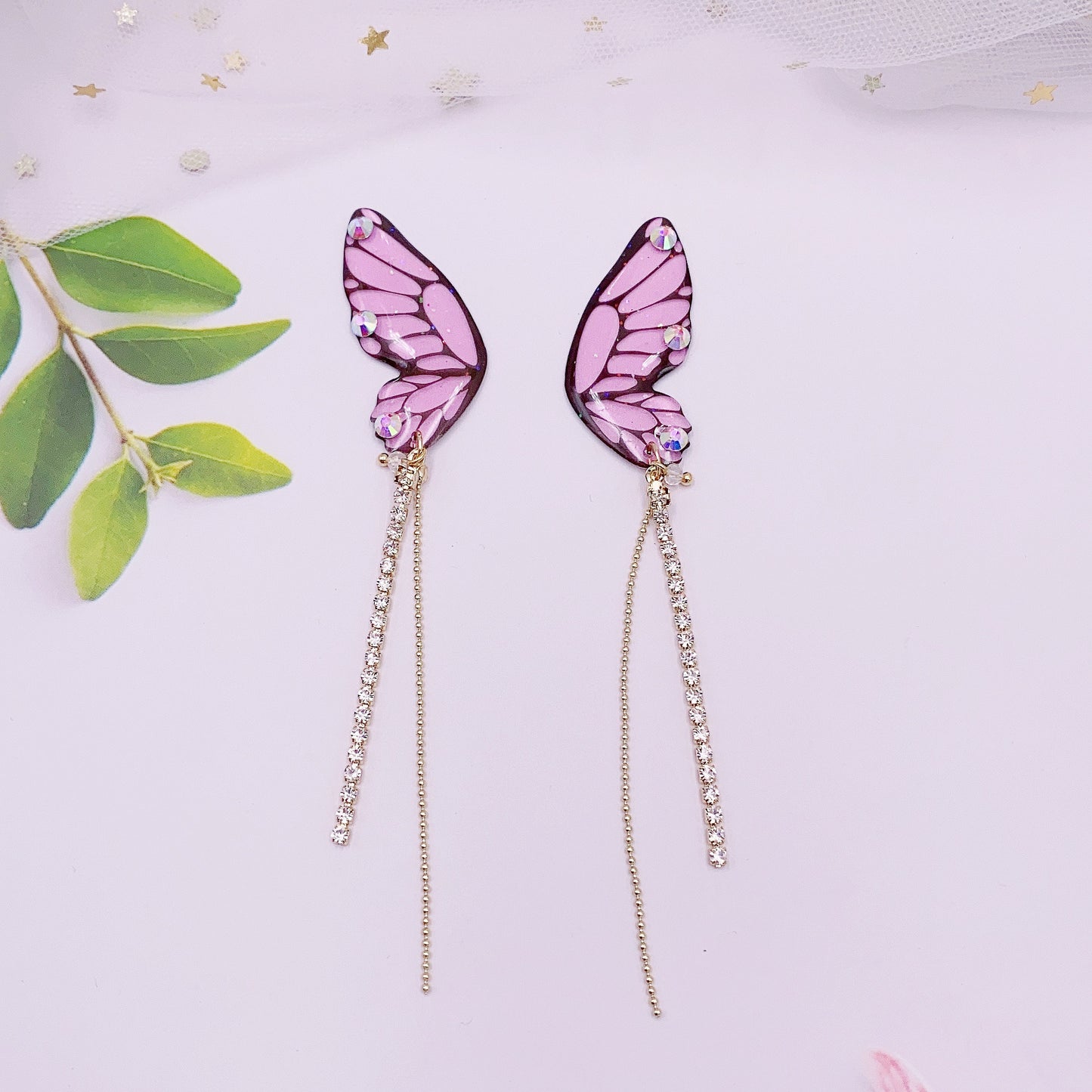 Women's three-dimensional butterfly full diamond tassel earrings