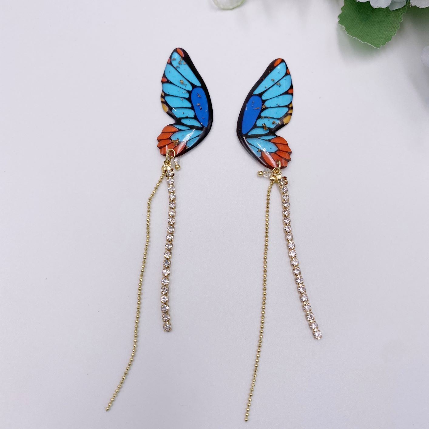 Women's three-dimensional butterfly full diamond tassel earrings