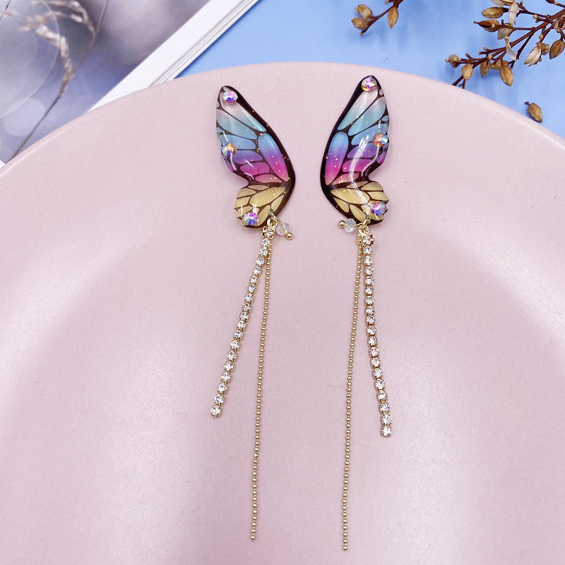 Women's three-dimensional butterfly full diamond tassel earrings