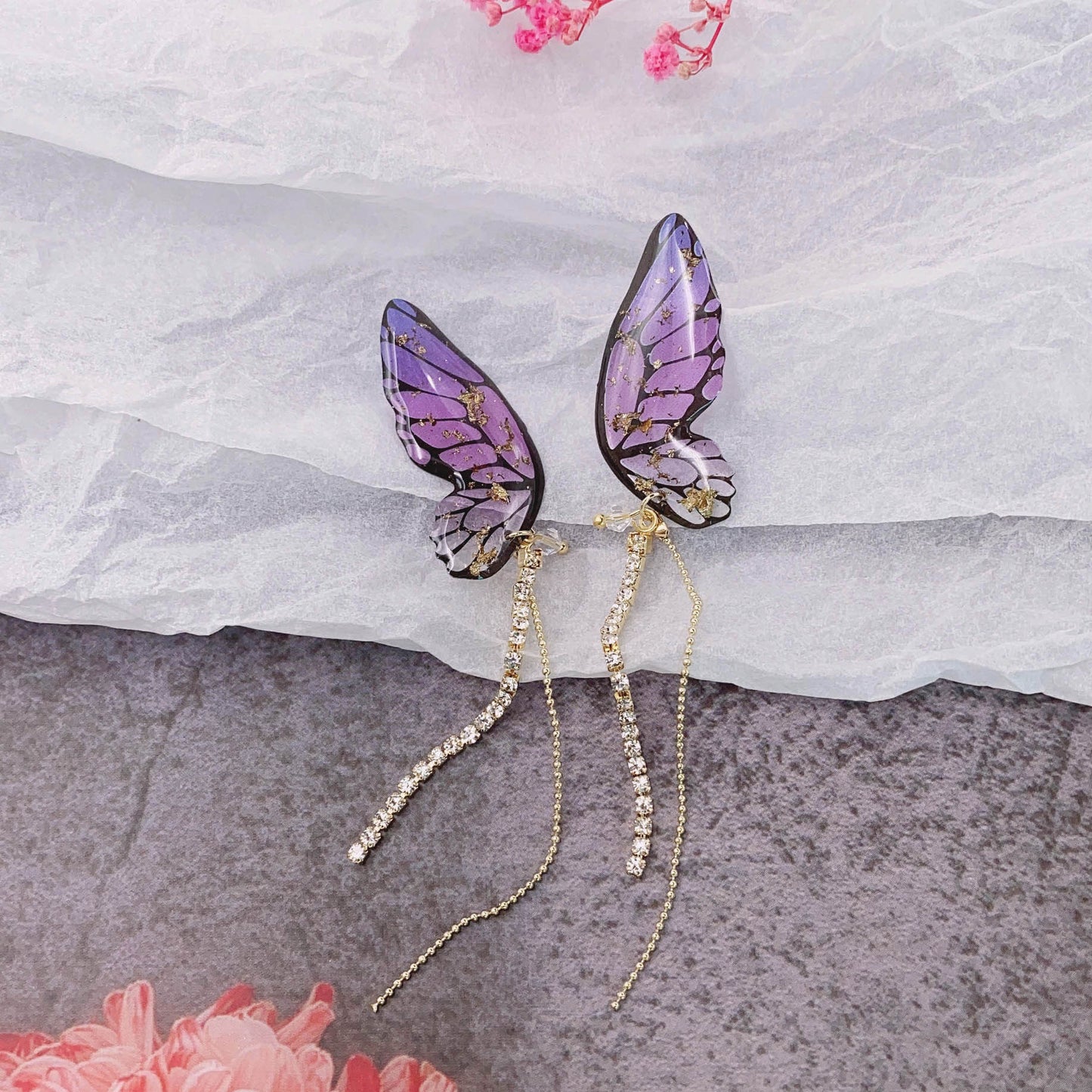 Women's three-dimensional butterfly full diamond tassel earrings