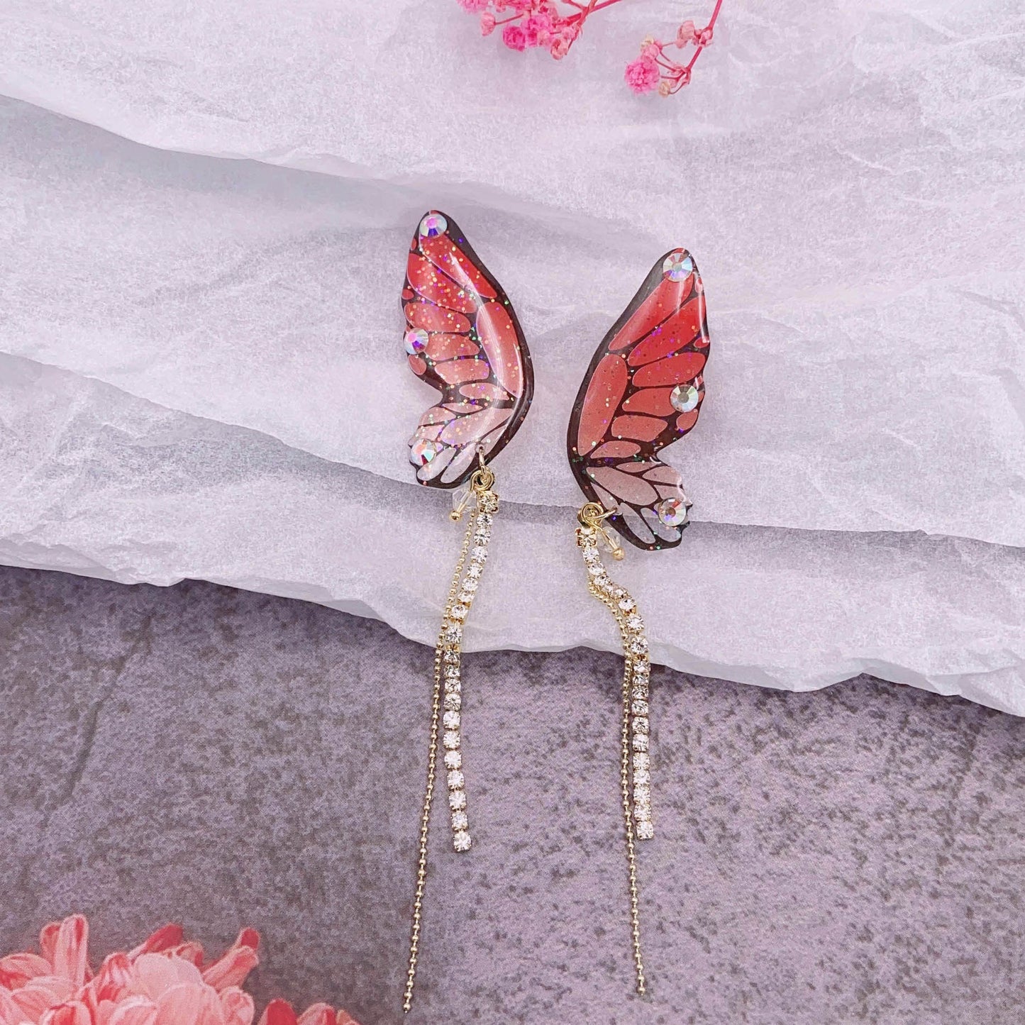 Women's three-dimensional butterfly full diamond tassel earrings