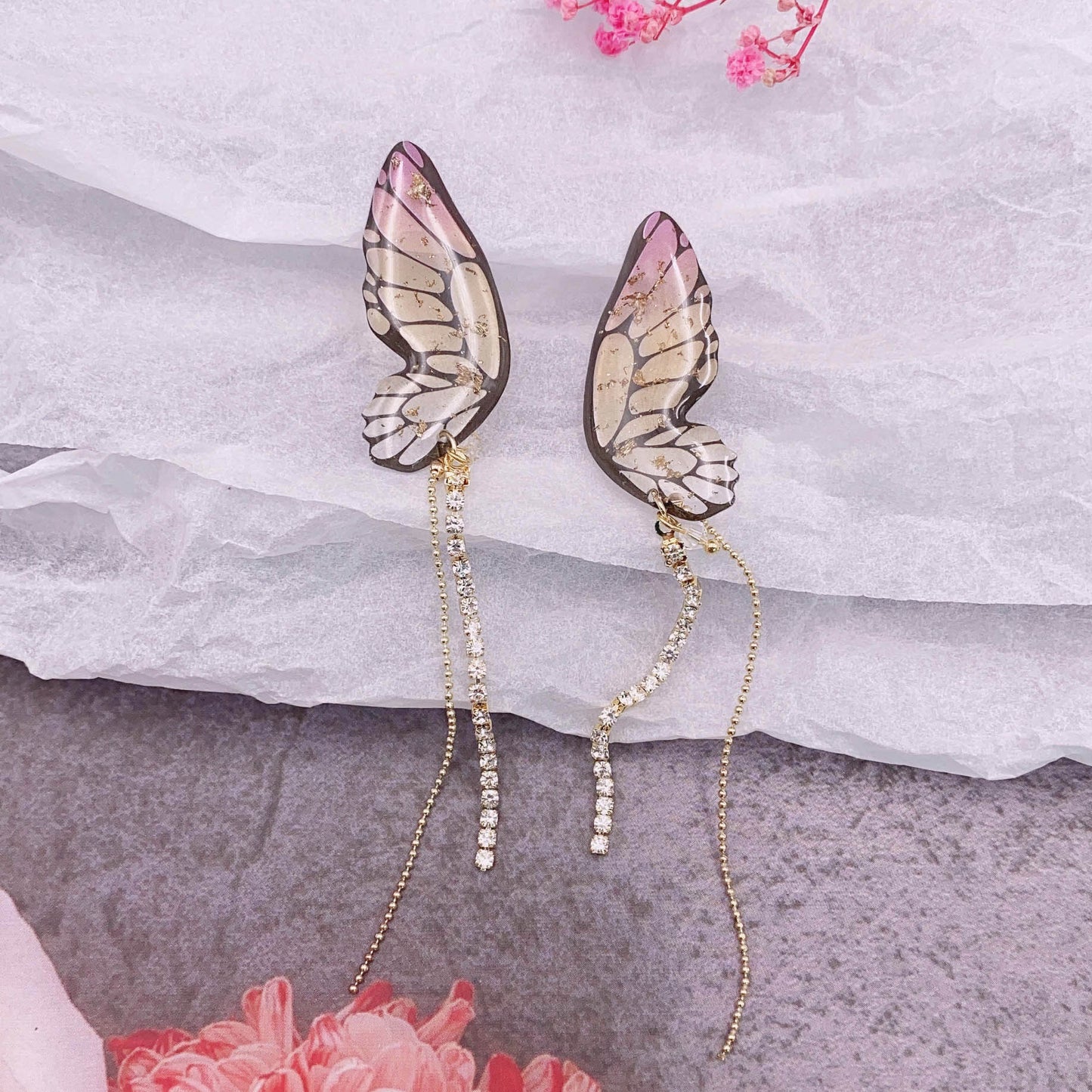 Women's three-dimensional butterfly full diamond tassel earrings