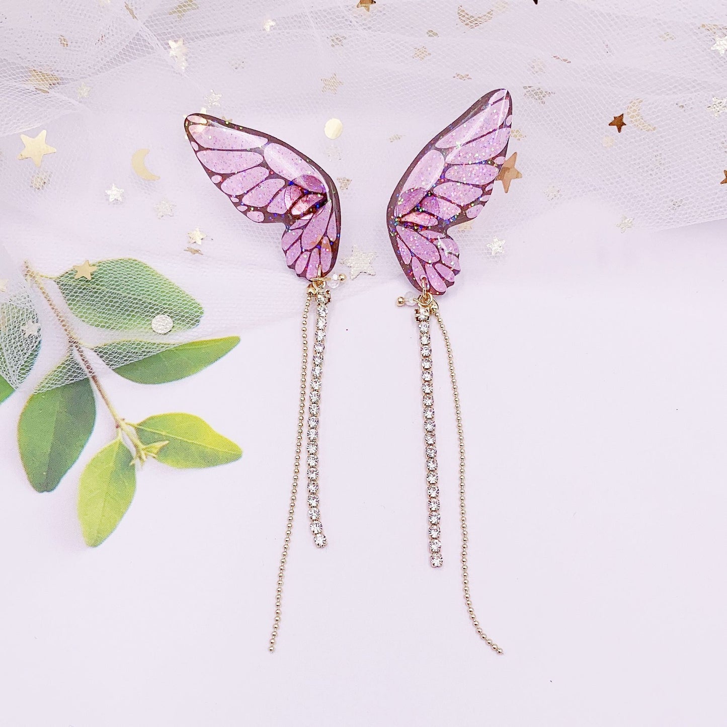 Women's three-dimensional butterfly full diamond tassel earrings