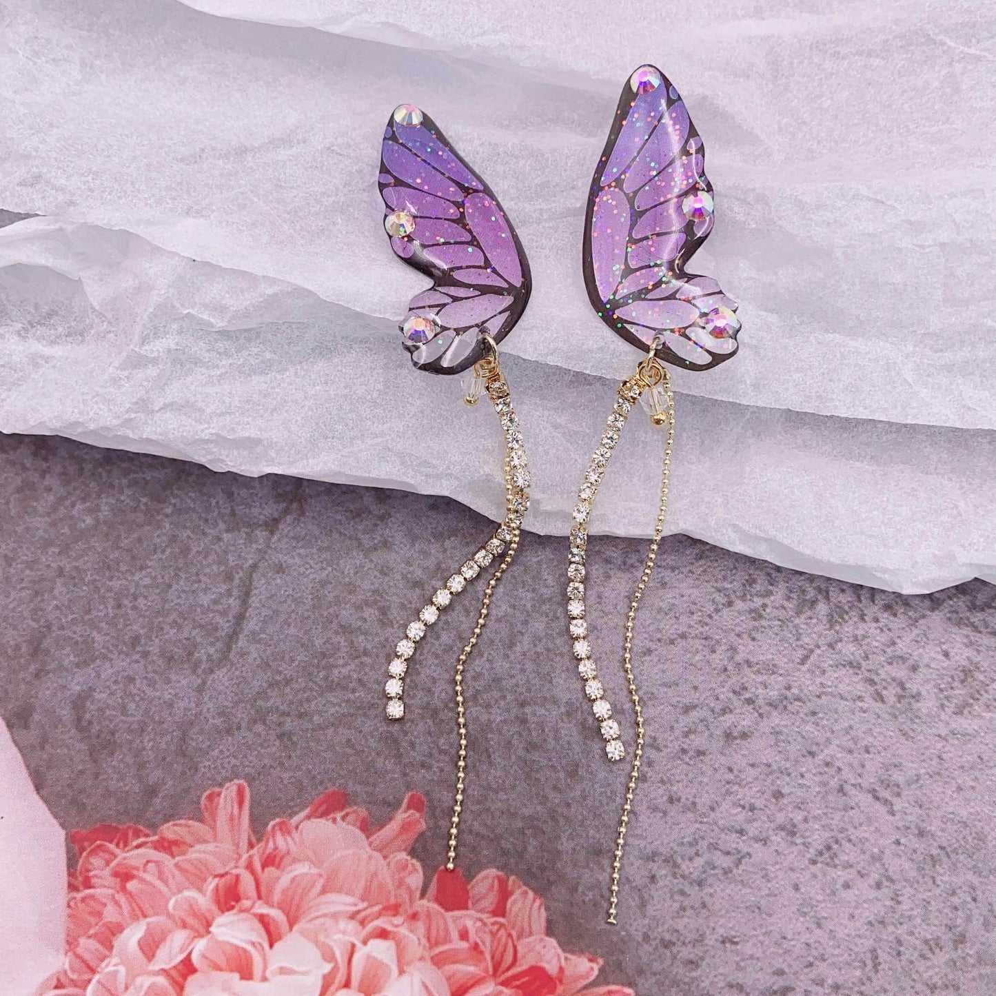 Women's three-dimensional butterfly full diamond tassel earrings