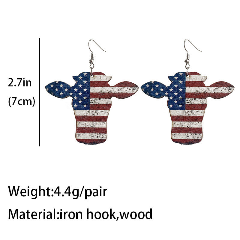 American Flag Bull Head Western Cowboy Wood Earrings