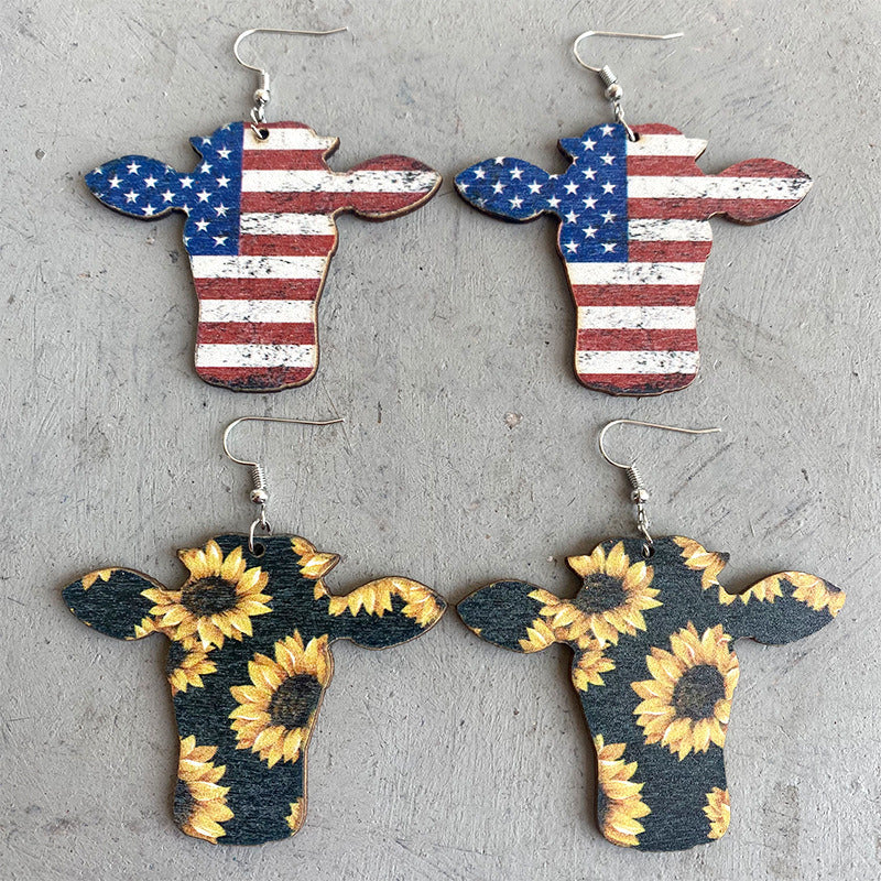 American Flag Bull Head Western Cowboy Wood Earrings