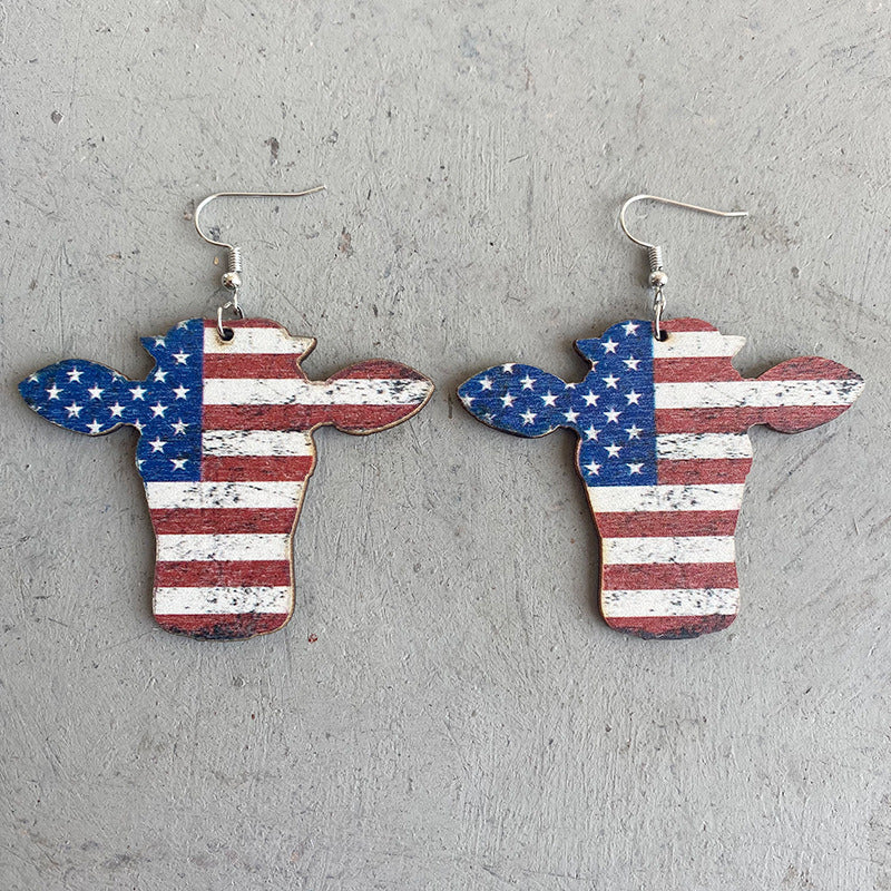 American Flag Bull Head Western Cowboy Wood Earrings