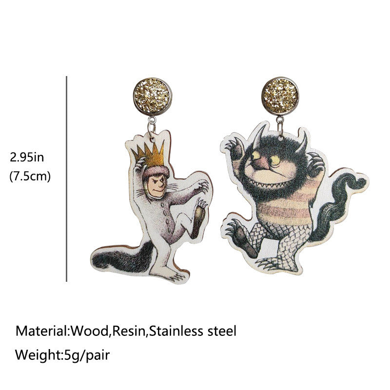 Crown Beast Wood Earrings Bright Gold Stainless Steel Pin