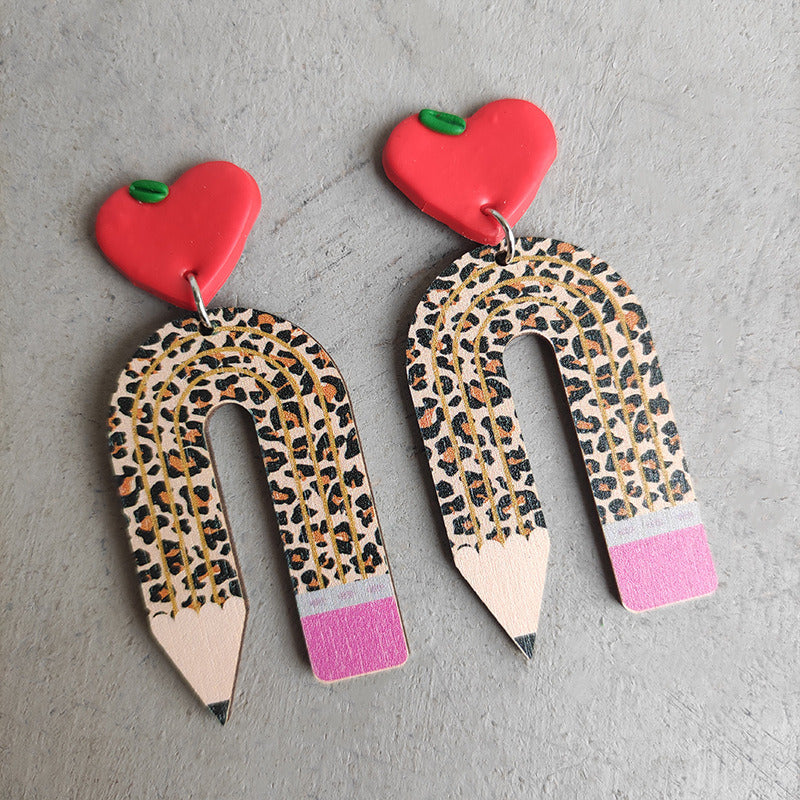 Teaching learning pencil wood earrings leopard pattern