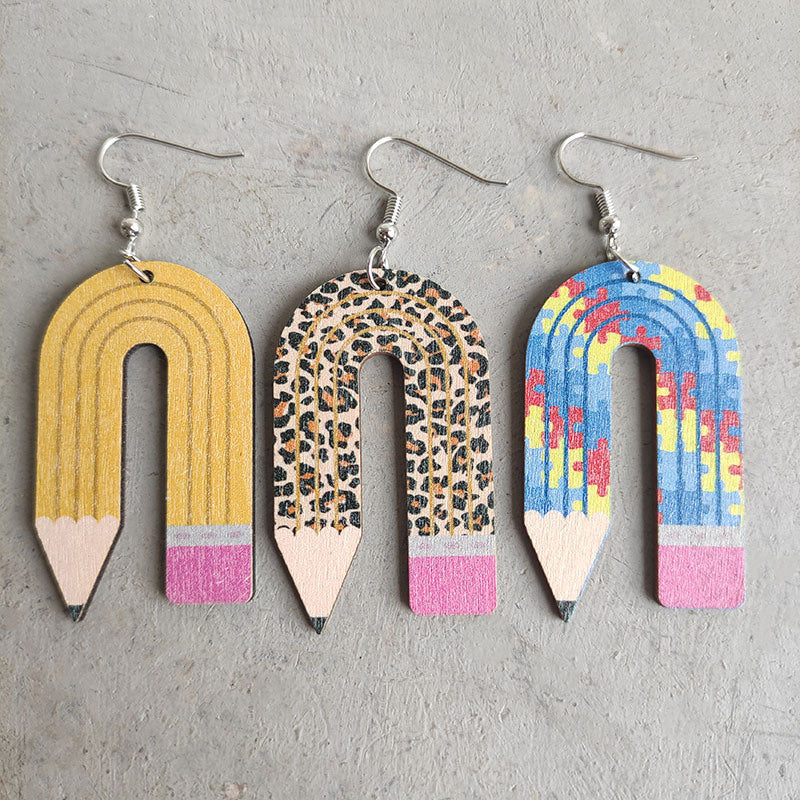 Teaching learning pencil wood earrings leopard pattern