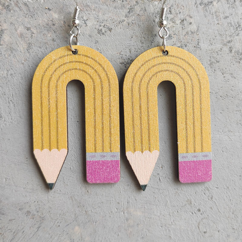 Teaching learning pencil wood earrings leopard pattern