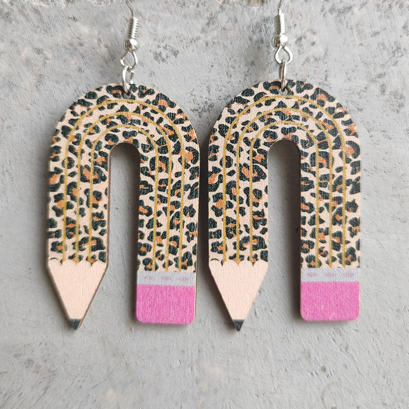 Teaching learning pencil wood earrings leopard pattern