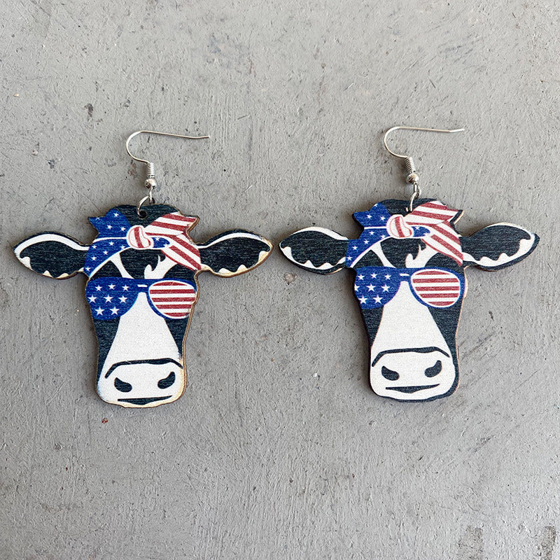 American Flag Bull Head Western Cowboy Wood Earrings