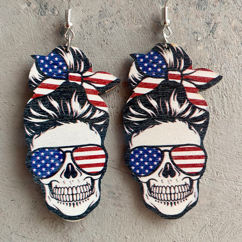 American National Day Women's Skull Wooden Earrings