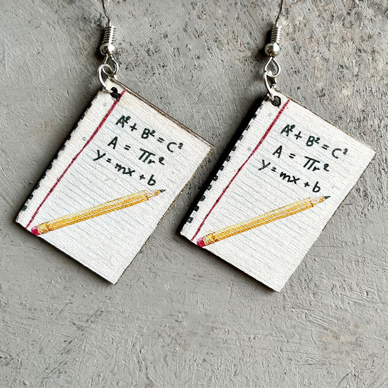 Wooden earrings gift book brush print earrings