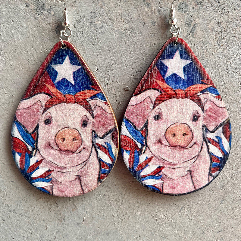 Animal Earrings Western Farm Pig Dog Cow Wooden Earrings