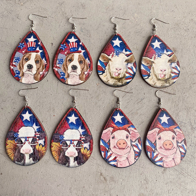 Animal Earrings Western Farm Pig Dog Cow Wooden Earrings