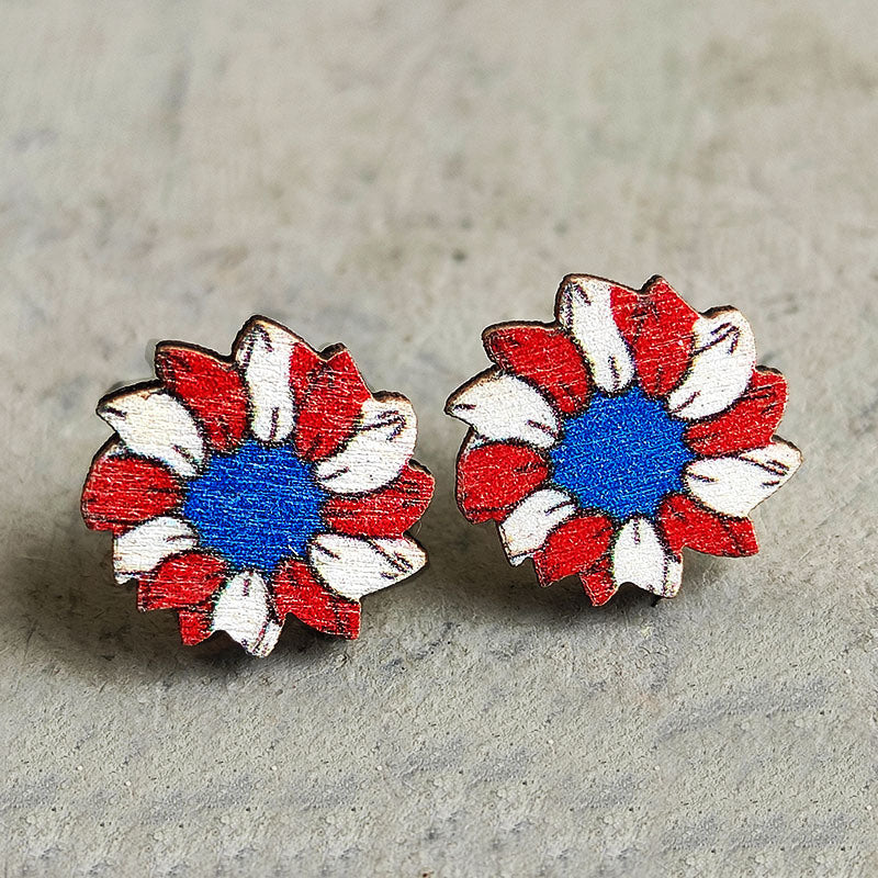 American Flag Round Heart Pentagram Sun Flower Wood Stud Earrings