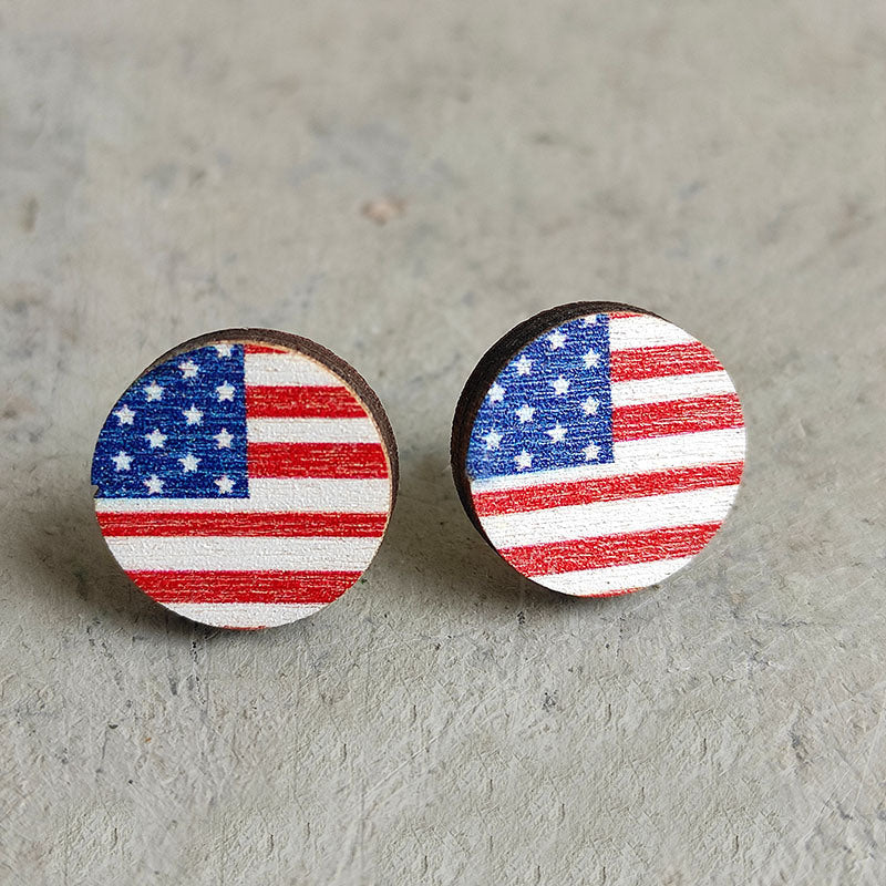 American Flag Round Heart Pentagram Sun Flower Wood Stud Earrings