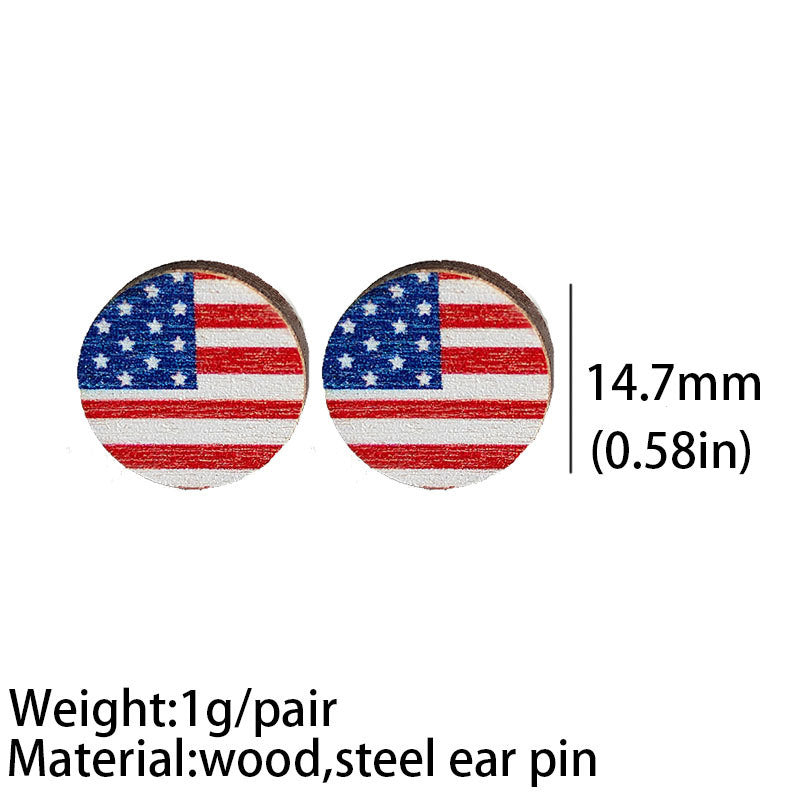 American Flag Round Heart Pentagram Sun Flower Wood Stud Earrings