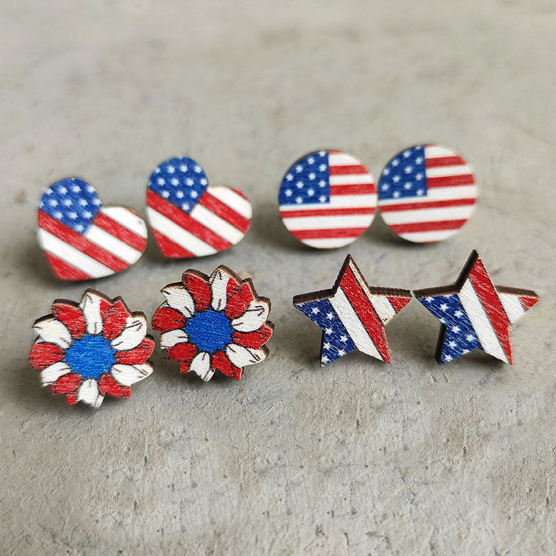 American Flag Round Heart Pentagram Sun Flower Wood Stud Earrings