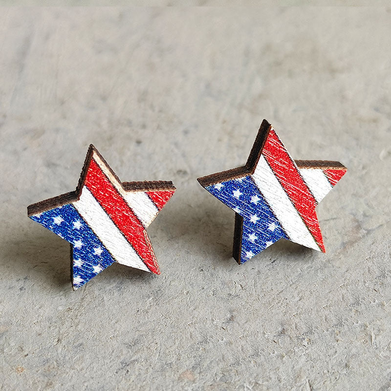 American Flag Round Heart Pentagram Sun Flower Wood Stud Earrings