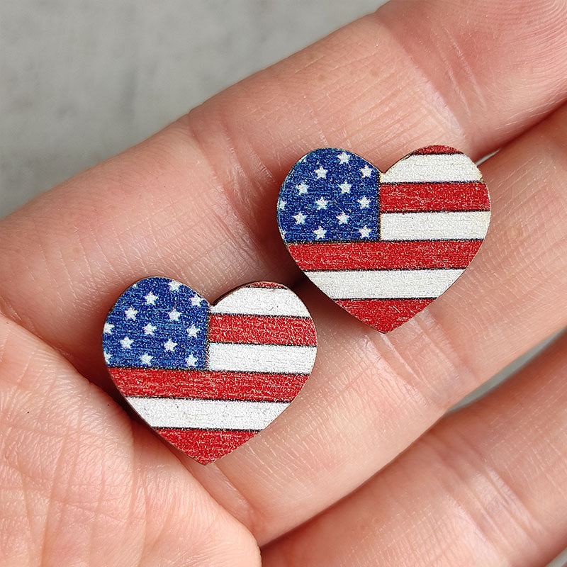 American Flag Round Heart Pentagram Sun Flower Wood Stud Earrings