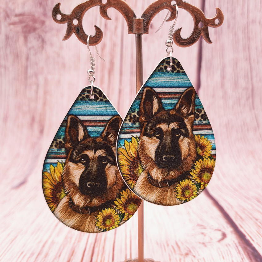 Colorful Stripes Leopard Print Sunflower Cluster German Shepherd Earrings PU Leather