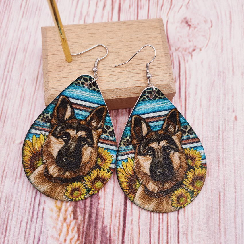 Colorful Stripes Leopard Print Sunflower Cluster German Shepherd Earrings PU Leather