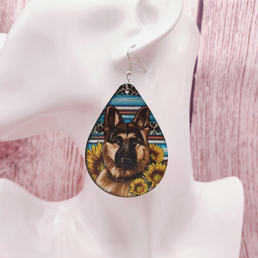 Colorful Stripes Leopard Print Sunflower Cluster German Shepherd Earrings PU Leather