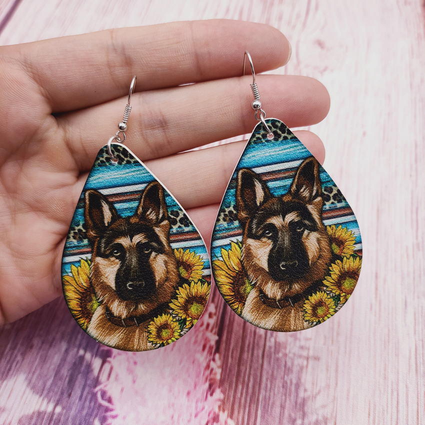 Colorful Stripes Leopard Print Sunflower Cluster German Shepherd Earrings PU Leather