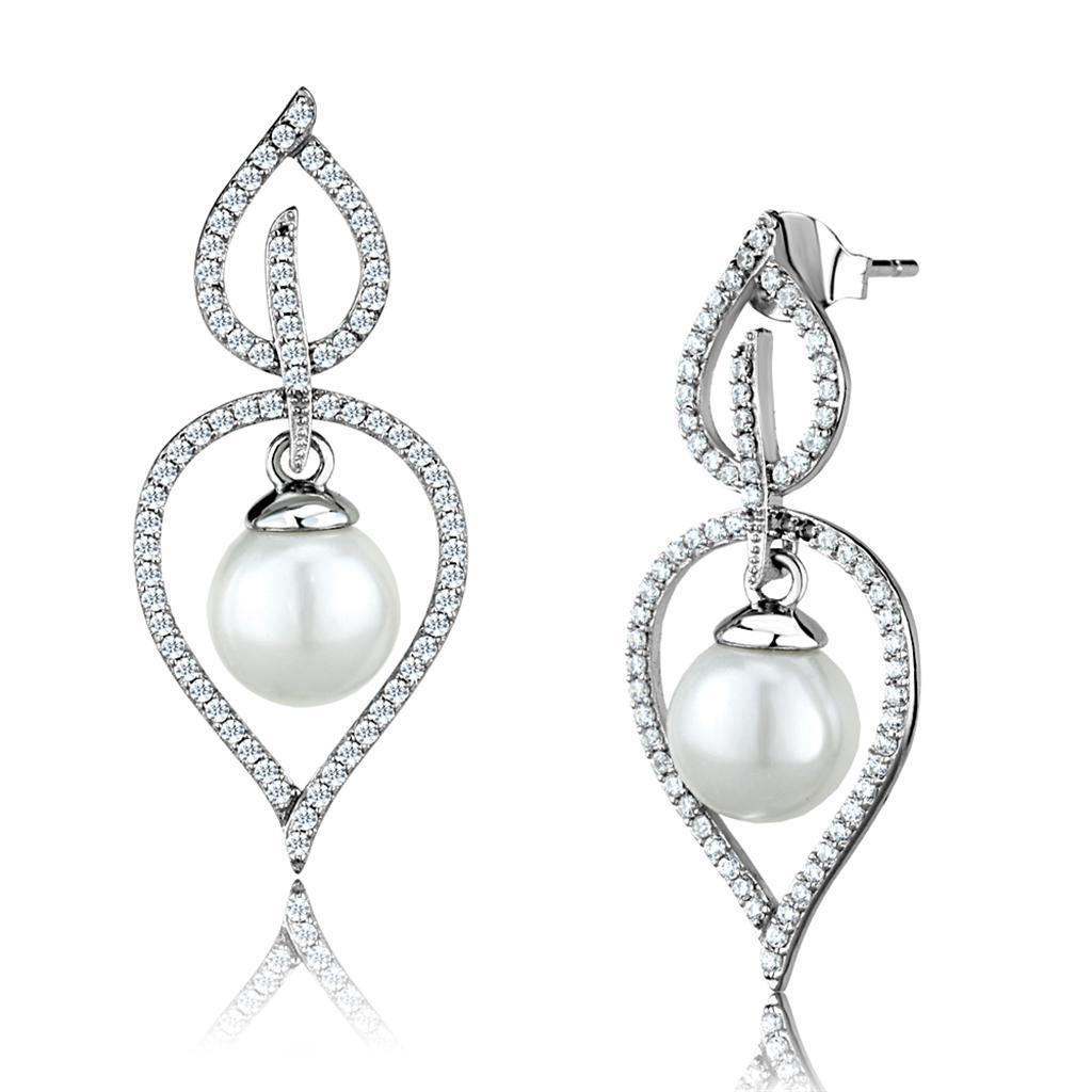 TS510 - Rhodium 925 Sterling Silver Earrings with Semi-Precious Glass Bead in White