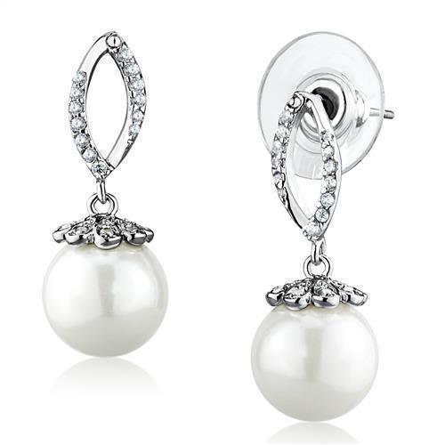 3W1301 - Rhodium Brass Earrings with Synthetic Pearl in White