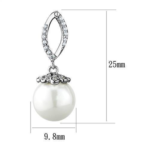 3W1301 - Rhodium Brass Earrings with Synthetic Pearl in White