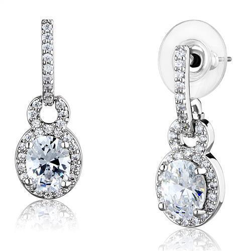 3W1276 - Rhodium Brass Earrings with AAA Grade CZ in Clear