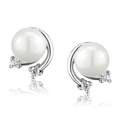 3W1279 - Rhodium Brass Earrings with Synthetic Pearl in White