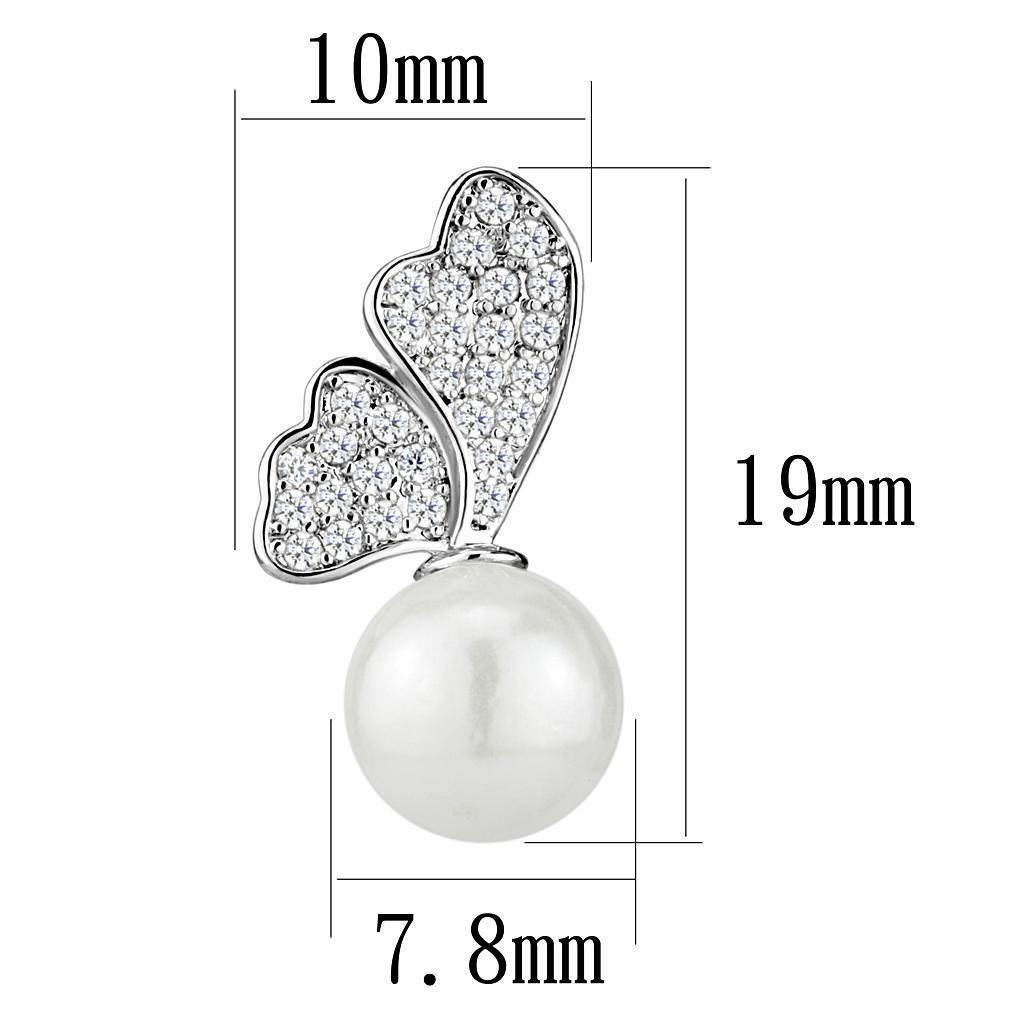 3W1299 - Rhodium Brass Earrings with Synthetic Pearl in White